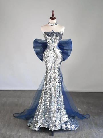 Vestido de noche largo estilo sirena con lentejuelas plateadas y lazo Y7746