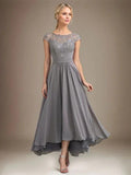 A-line Scoop Illusion Asymmetrical Lace Chiffon Mother of the Bride Dress With Pleated by Dreamylily