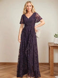A-Line V-Neck Asymmetrical Lace Mother of the Bride Dress With Cascading Ruffles by Dreamylily