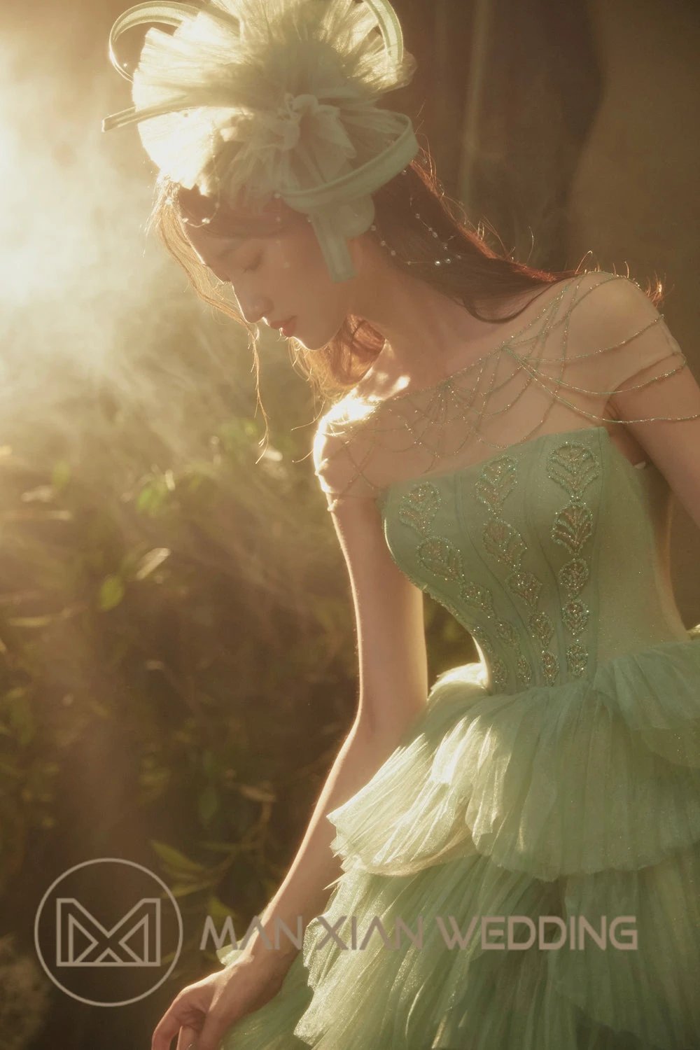 Ethereal Mint Green Tulle Ball Gown with Illusion Chain Shoulders & Tiered Ruffled Skirt by ZAPDRESS