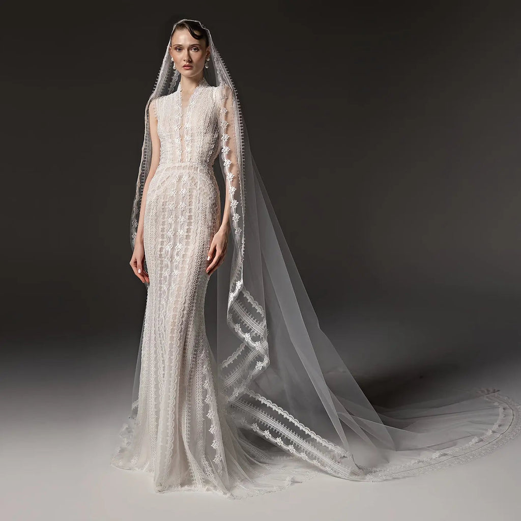 Elegant Ivory High Neck Sheer Lace Long Sleeves Mermaid Wedding Dress with Veil SW662