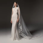 Elegant Ivory High Neck Sheer Lace Long Sleeves Mermaid Wedding Dress with Veil SW662