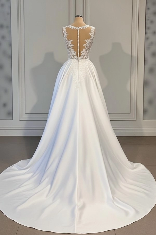 Vestido de Noiva Deslumbrante em Linha A, Sem Mangas, com Decote em V e Cauda Destacável