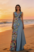 Sky Blue Floral Print Asymmetrical Maxi Dress For Summer Events by tangjianjun