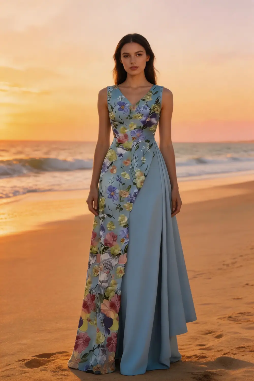 Sky Blue Floral Print Asymmetrical Maxi Dress For Summer Events by tangjianjun
