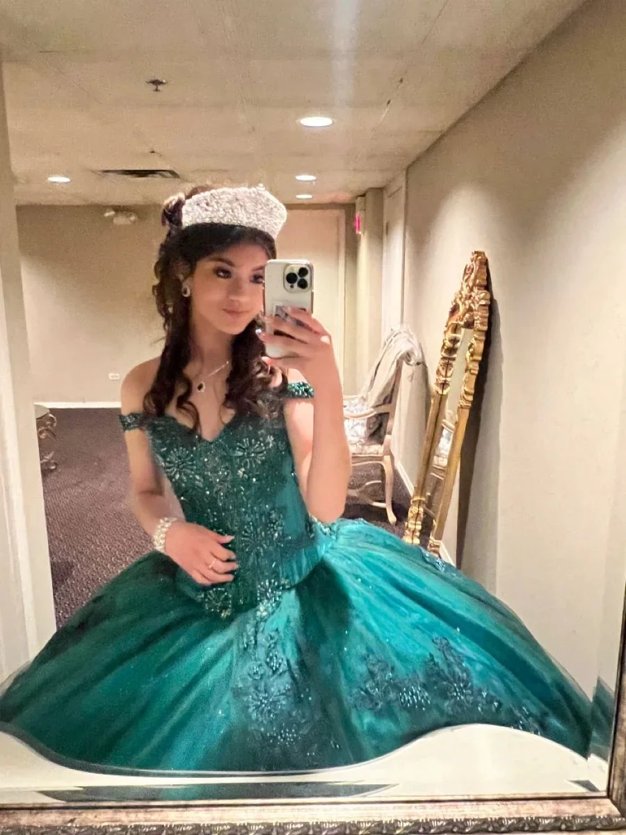 Green Off The Shoulder Ball Gown Quinceanera Dress Y6085 by simplepromdress