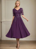 A-line V-Neck Tea-Length Lace Chiffon Mother of the Bride Dress With Sequins by Dreamylily