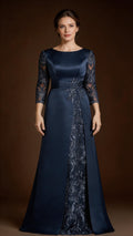 A-Line Scoop Floor-Length Lace Satin Mother Of the Bride Dress With Applique by Dreamylily