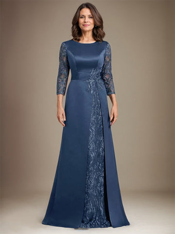 A-Linie U-Ausschnitt Bodenlang Spitze Satin Kleid für die Brautmutter mit Applikation 