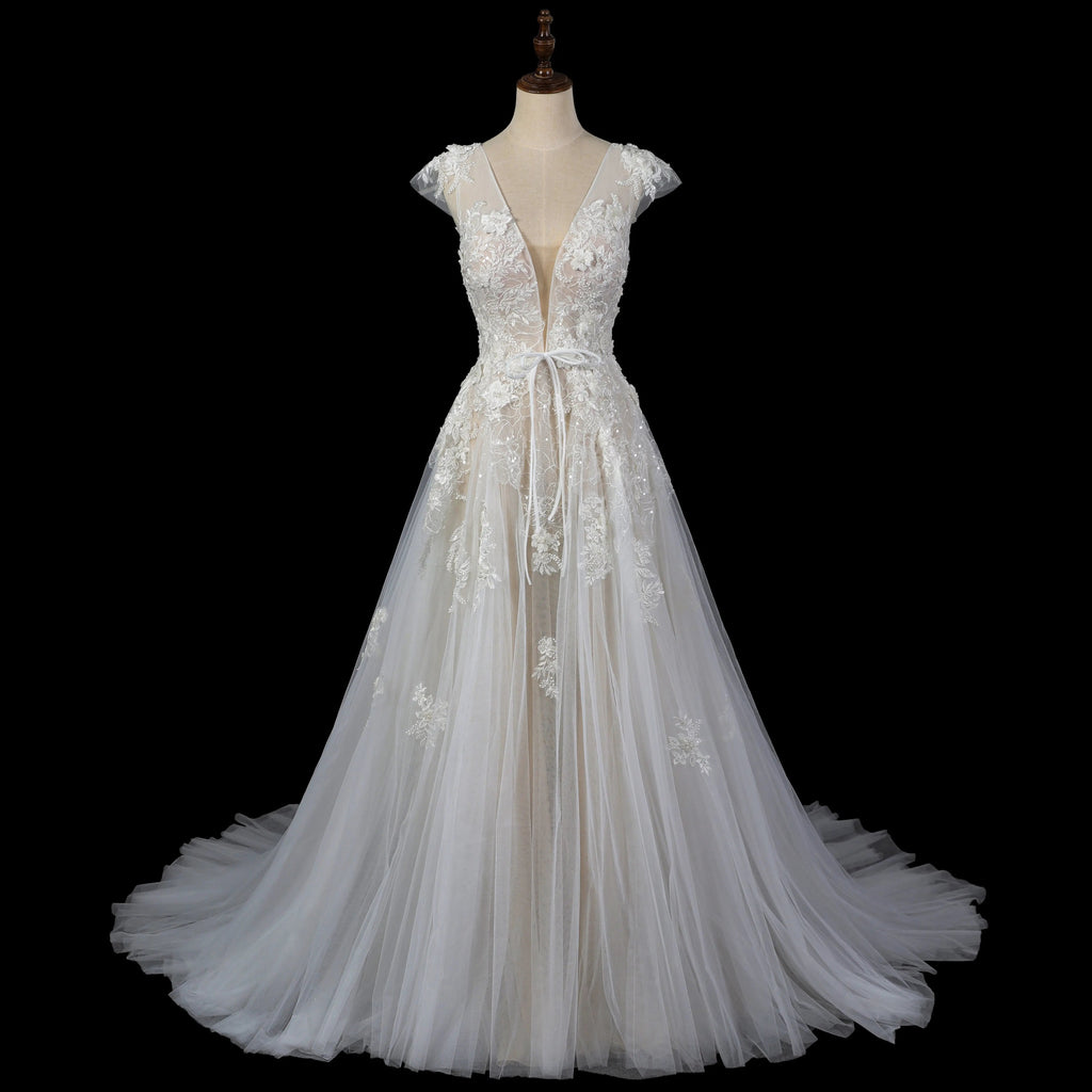 Elegant Ivory V-Neck Cap Sleeve A-Line Lace Tulle Wedding Dress SW711