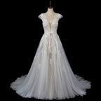 Elegant Ivory V-Neck Cap Sleeve A-Line Lace Tulle Wedding Dress SW711