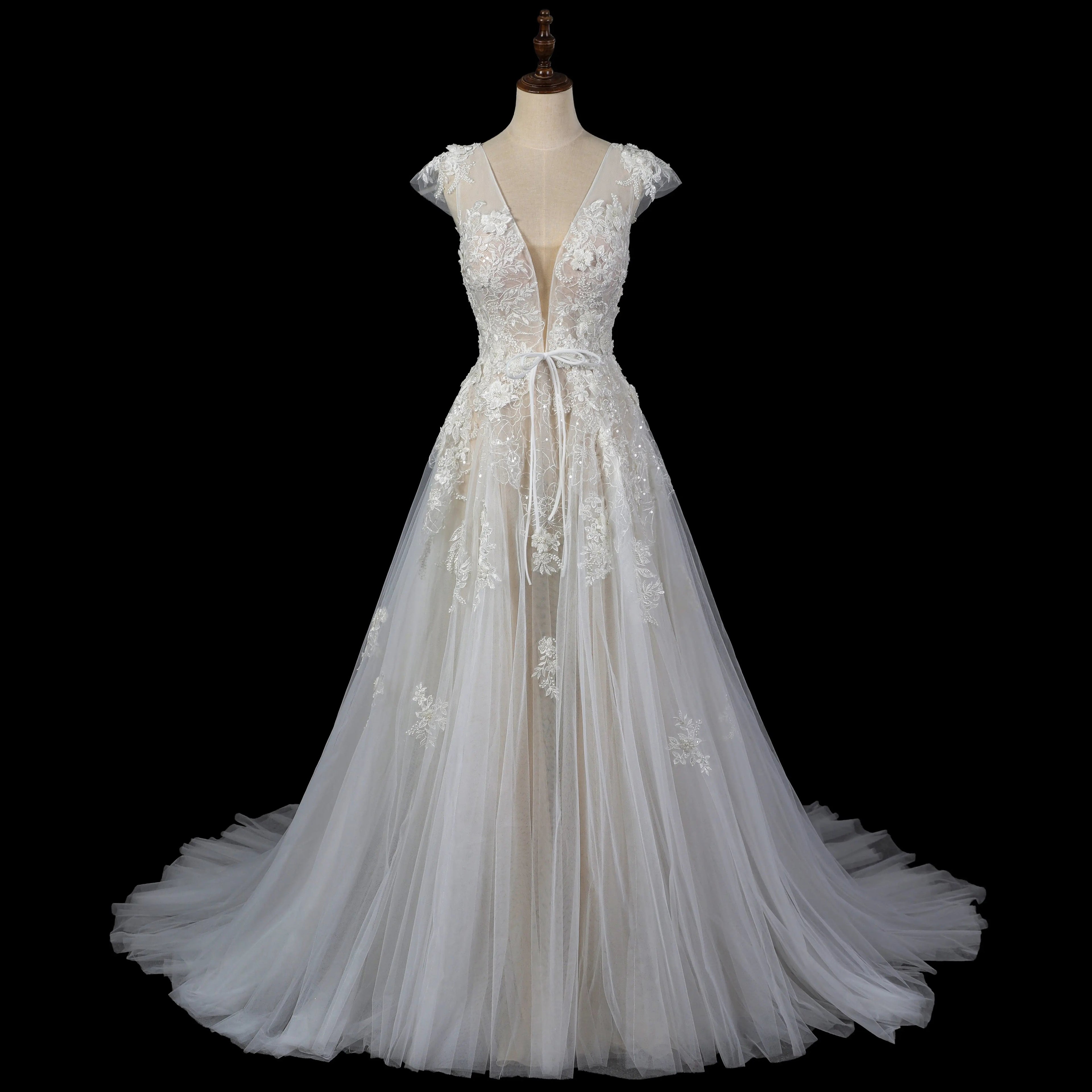 Elegant Ivory V-Neck Cap Sleeve A-Line Lace Tulle Wedding Dress SW711