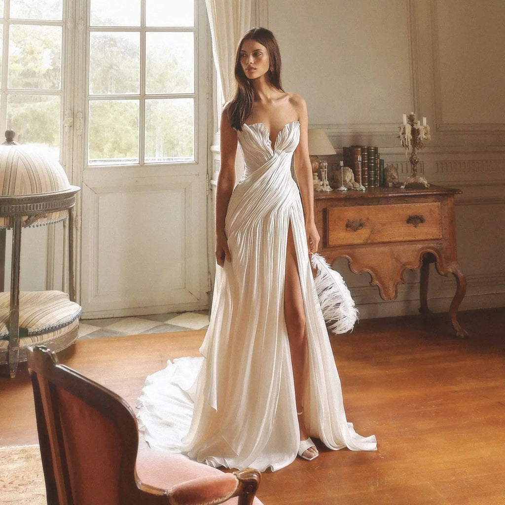 Strapless Ruched Wedding Dresses with High Leg Slit SW242