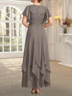 A-line V-Neck Ankle-Length Lace Chiffon Mother of the Bride Dress With Cascading Ruffles by Dreamylily