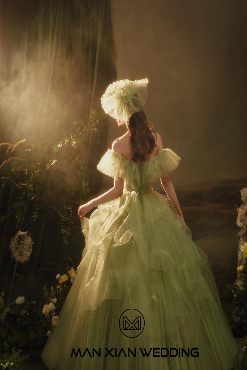 Ethereal Sage Green Off-Shoulder Tulle Ball Gown with Ruffled Sleeves & 3D Floral Accents by ZAPDRESS