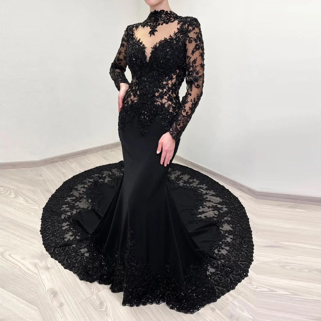 Black Luxury Gothic Heavy Beading Wedding Dress Mermaid Sheer Full Lace Circular Train SW555