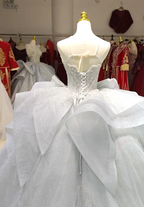 Silver Haze Strapless Ballgown: Gilded Beaded Bust & Ruffled Train by ZAPDRESS