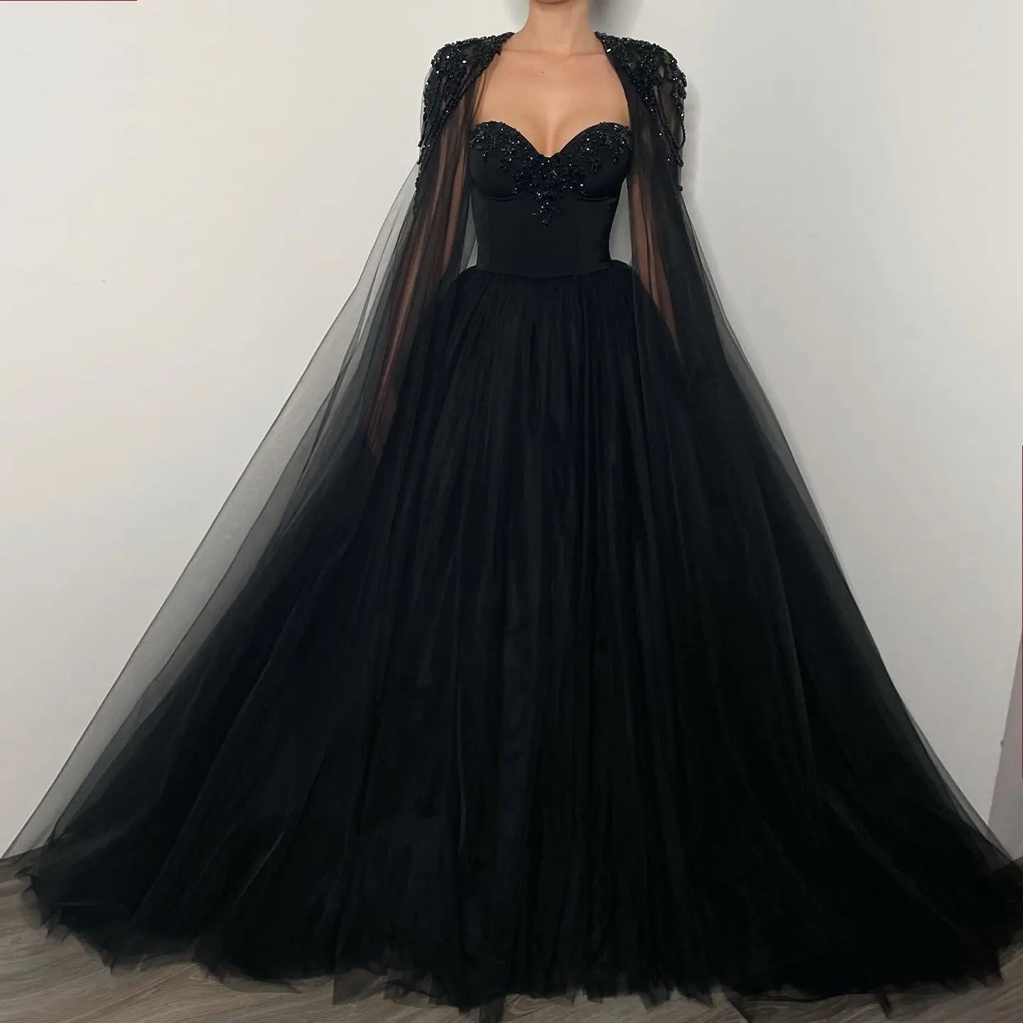 Black Luxury Gothic  Wedding Dress Beaded Tulle Ball Gown With Sheer Beaded Cape SW564
