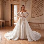 White Lace Mermaid Wedding Dress Off the Shoulder with Detachable Train and Long Sleeves SW678