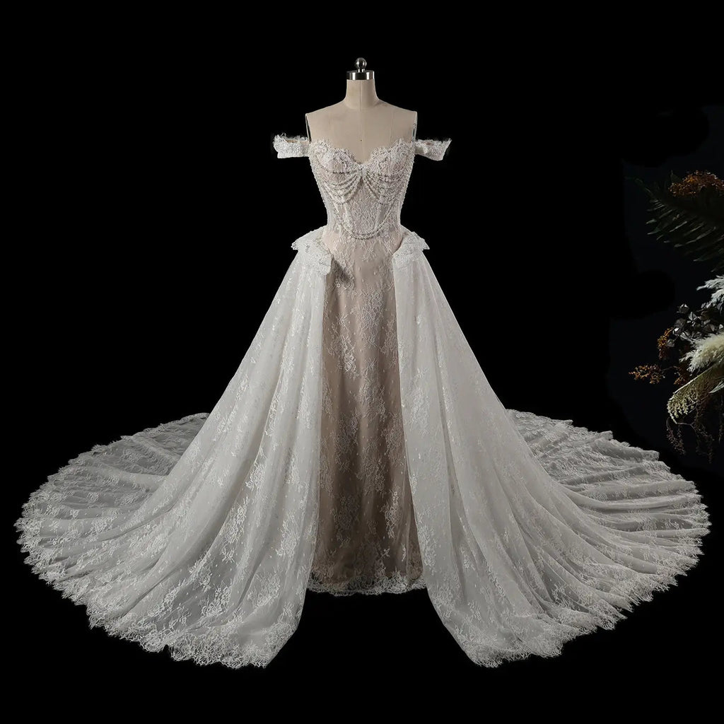 Opulent Ivory Off-the-Shoulder Beaded Lace Tulle Ball Gown Wedding Dress SW177