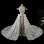 Opulent Ivory Off-the-Shoulder Beaded Lace Tulle Ball Gown Wedding Dress SW177