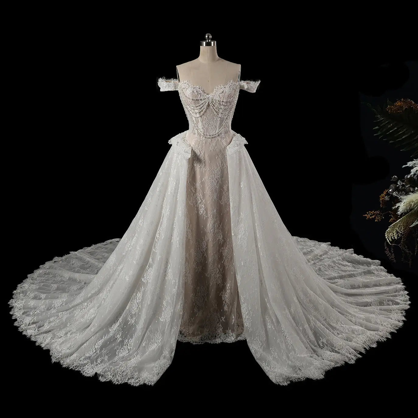 Opulent Ivory Off-the-Shoulder Beaded Lace Tulle Ball Gown Wedding Dress SW177