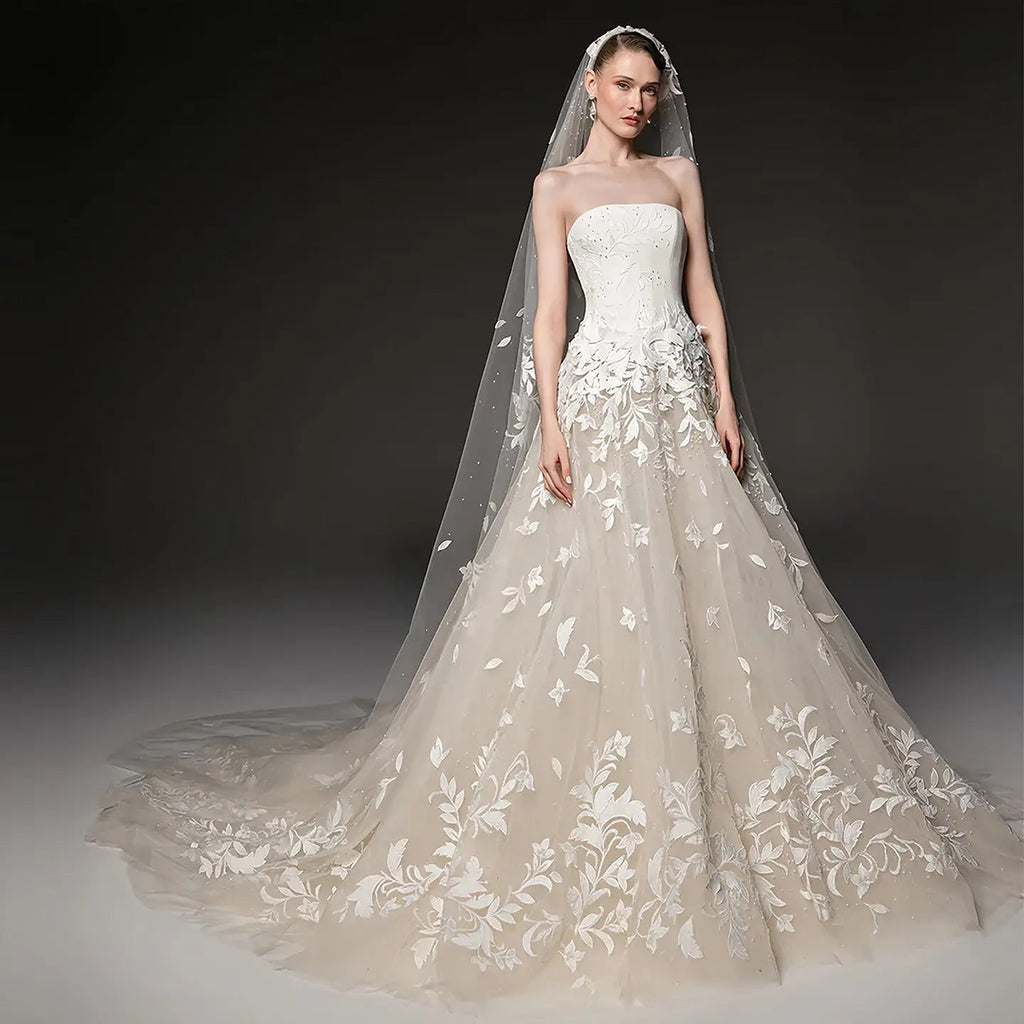 Dreamy Ivory Strapless Floral Lace Mermaid Train Wedding Dress with Veil SW665