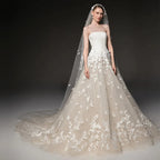 Dreamy Ivory Strapless Floral Lace Mermaid Train Wedding Dress with Veil SW665