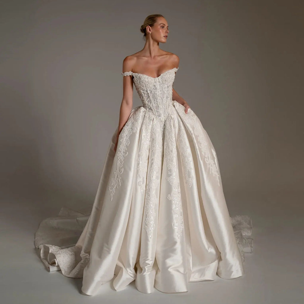 Luxury White Lace Embroidery Satin Train Wedding Dress SW163