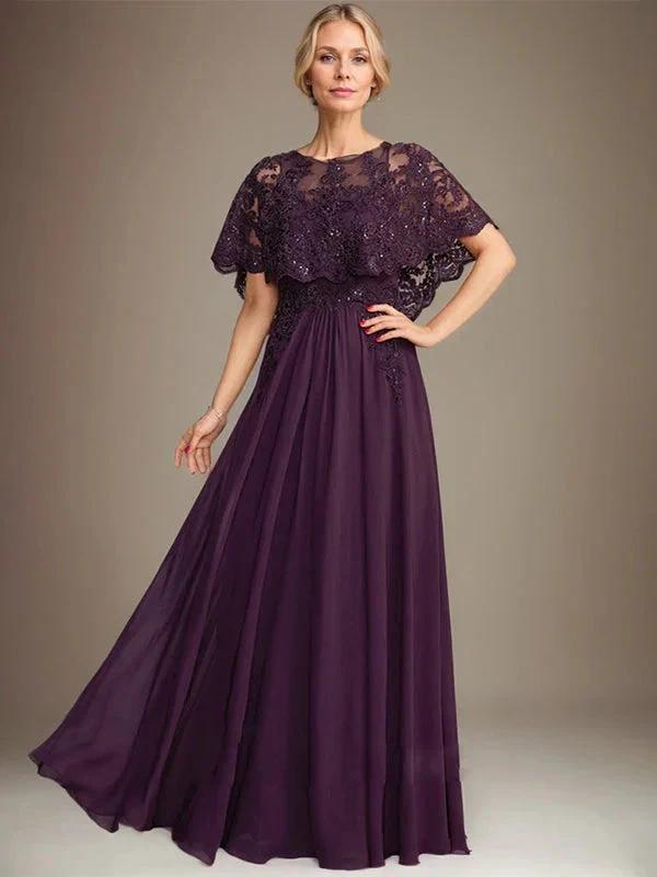 A-line Boat Neck Floor-Length Lace Chiffon Mother of the Bride Dress With Applique Sequins by Dreamylily