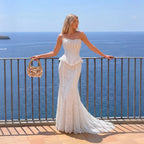 White Nude  Mermaid Wedding Dress Beaded Chain Detailing With Lace Train  SW626