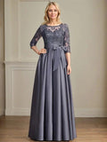 A-line Scoop Illusion Floor-Length Satin Lace Mother of the Bride Dress With Sequins Bow by Dreamylily