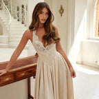Luxury Spaghetti Strap V-Neck Lace Satin A-Line Wedding Dress with Veil SW738
