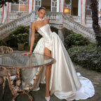 Luxury White Satin Strapless High Slit Ball Gown Wedding Dress with Choker SW186