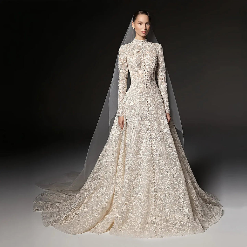 Luxury Champagne High Neck Long Sleeve Lace A-Line Wedding Dress with Buttons SW669