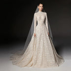 Luxury Champagne High Neck Long Sleeve Lace A-Line Wedding Dress with Buttons SW669