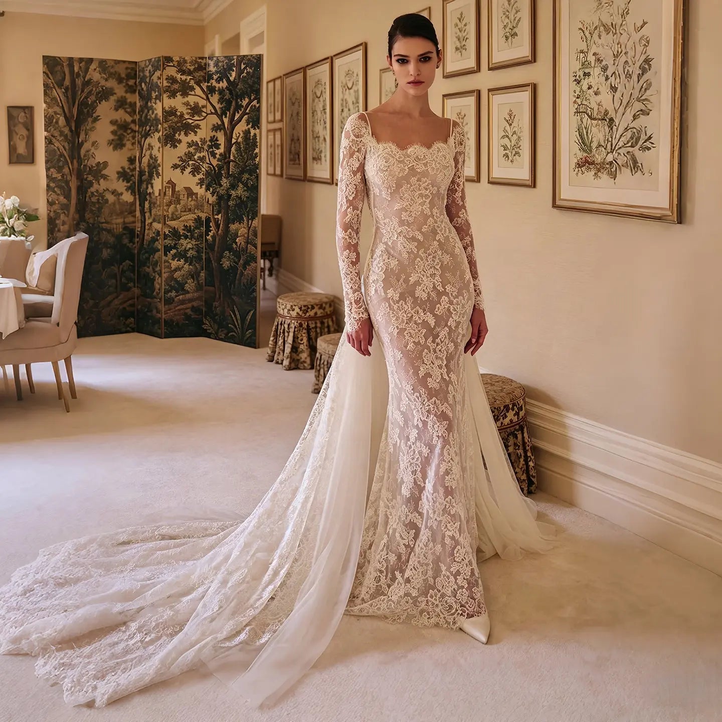 Romantic Ivory Long Sleeve Lace Mermaid Wedding Dress with Overskirt SW228