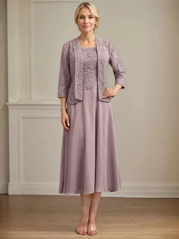 A-line Scoop Tea-Length Lace Chiffon Mother of the Bride Dress by Dreamylily