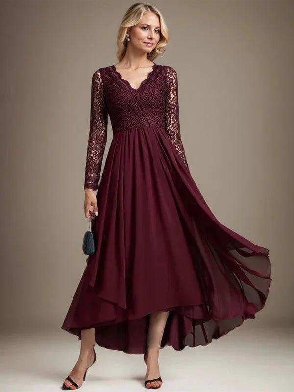 A-line V-Neck Asymmetrical Lace Chiffon Mother of the Bride Dress by Dreamylily