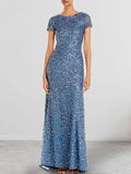 Dusty Blue Sequins Sheath Scoop Long Mother of the Bride Dress by Dreamylily