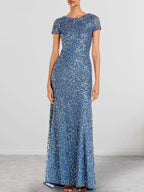 Dusty Blue Sequins Sheath Scoop Long Mother of the Bride Dress by Dreamylily