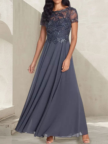 Vestido largo de madre de la novia con escote redondo, corte A, color gris carbón y cuentas