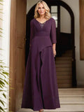 A-line V-Neck Floor-Length Chiffon Mother of the Bride Dress With Pleated Beading by Dreamylily