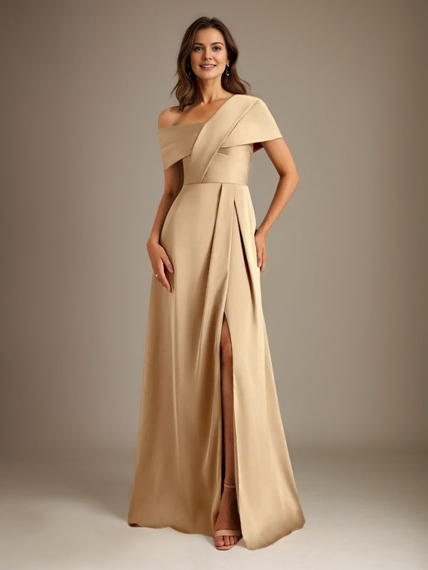 A-Line Asymmetrical Neckline Floor-Length Satin Mother of the Bride Dress With Pleated Hover Image