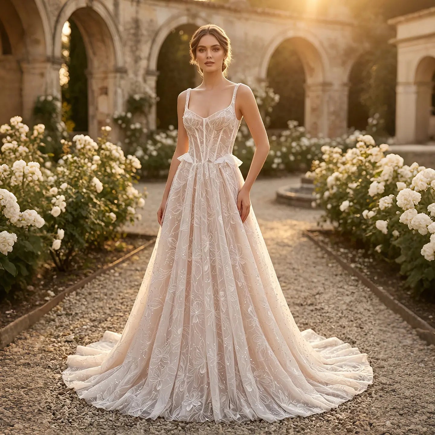 Luxury Ivory Square Neck Corset Lace Tulle A-Line Wedding Dress with Train SW706