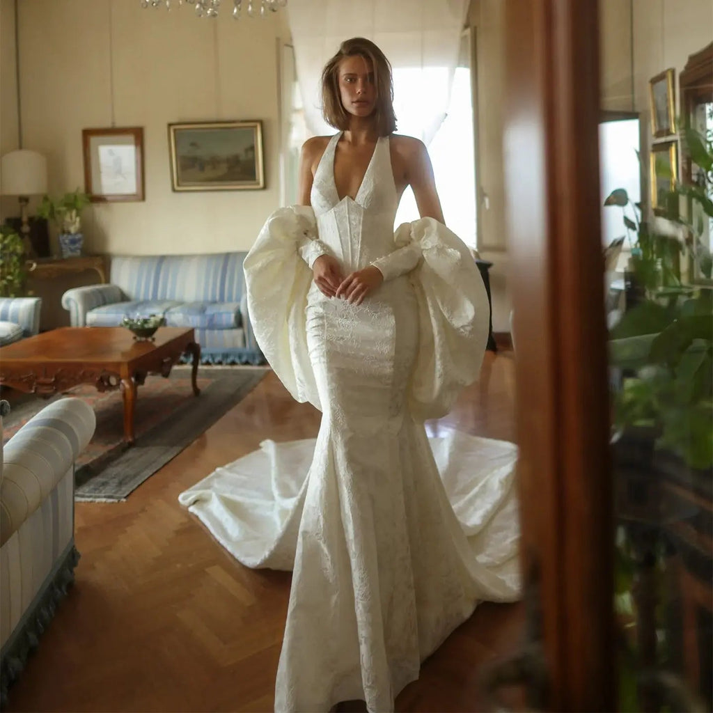 Elegant Ivory Halter Neck Puff Sleeve Mermaid Wedding Dress with Train SW188