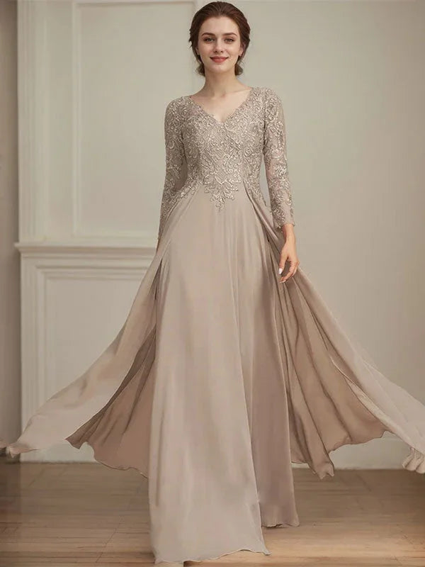 A-line V-Neck Floor-Length Lace Chiffon Mother of the Bride Dress With Sequins by Dreamylily