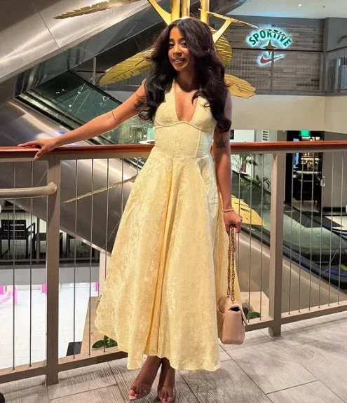 Sexy Halter Deep V Evening Dress Yellow Satin Print Prom Dress Y8249 by simplepromdress
