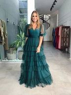 Green A-line V Neck Tulle Multi-layered Prom Dress Green Evening Dress Y6218 by simplepromdress