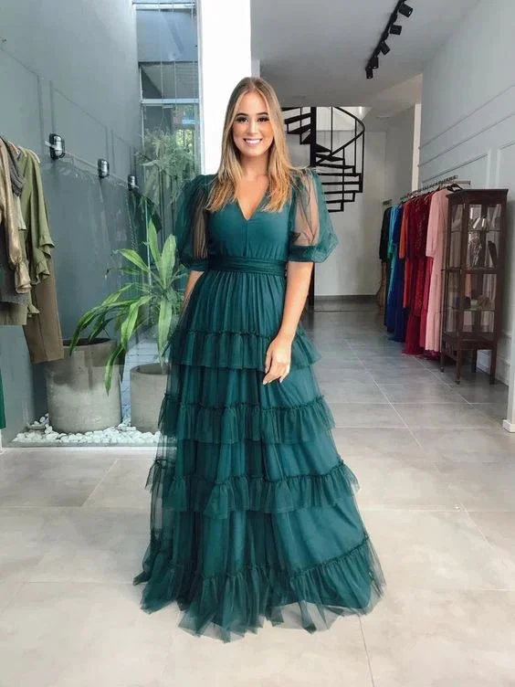 Green A-line V Neck Tulle Multi-layered Prom Dress Green Evening Dress Y6218 by simplepromdress